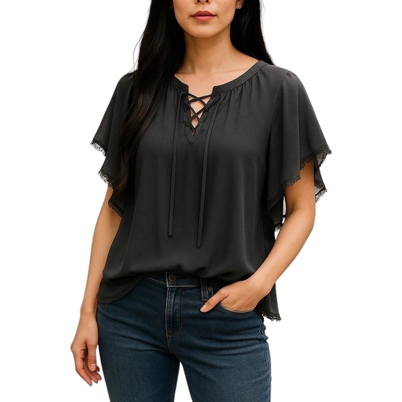 2X A.N.A Charcoal Black Tie Front Blouse with Lace-Up V-Neck & Flutter Sleeves - Picture 1 of 6